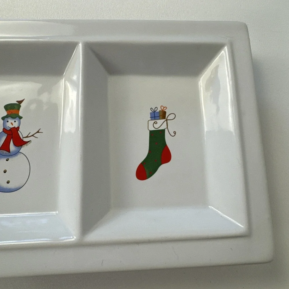 Holiday 3-Section Divided Serving Tray Platter‎ White Snowman Mittens Stocking
